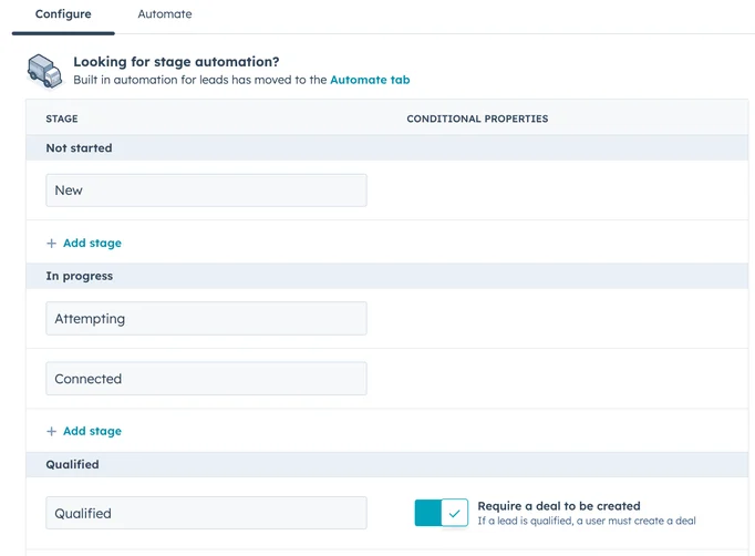 HubSpot CRM, Use Pipeline Rules for Leads