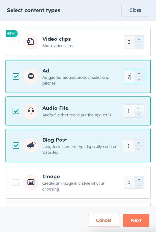 Adding and customizing content, Select content types