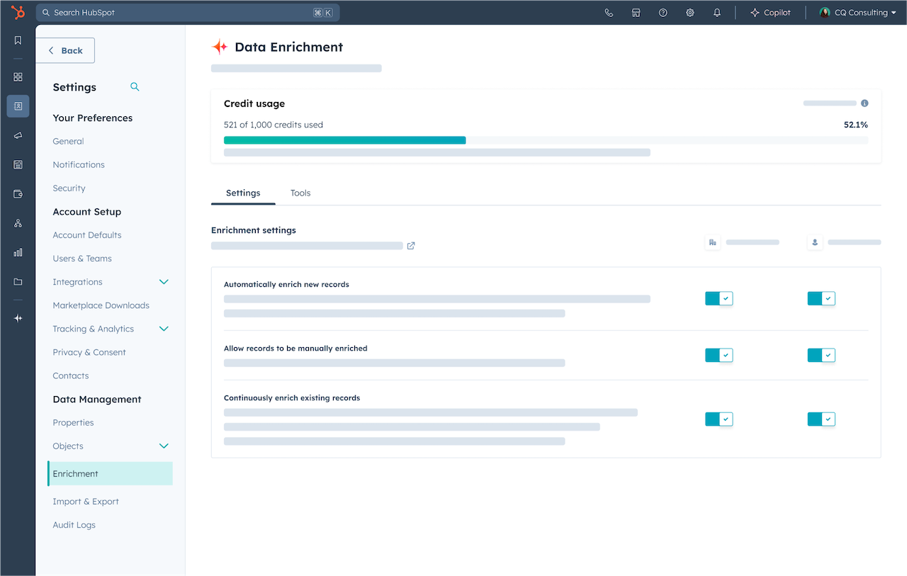 HubSpot, Turn on Automatic Enrichment