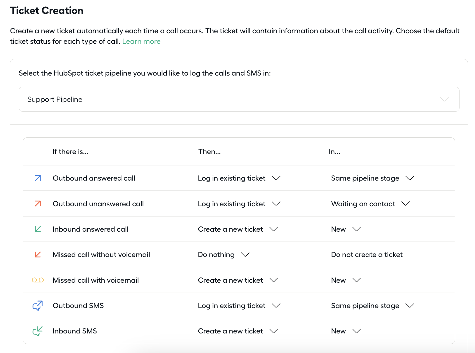 Aircall and HubSpot Integration, Ticket Creation Settings