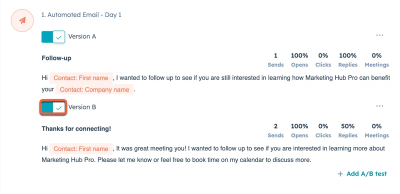 HubSpot CRM, Using A/B Testing in messages