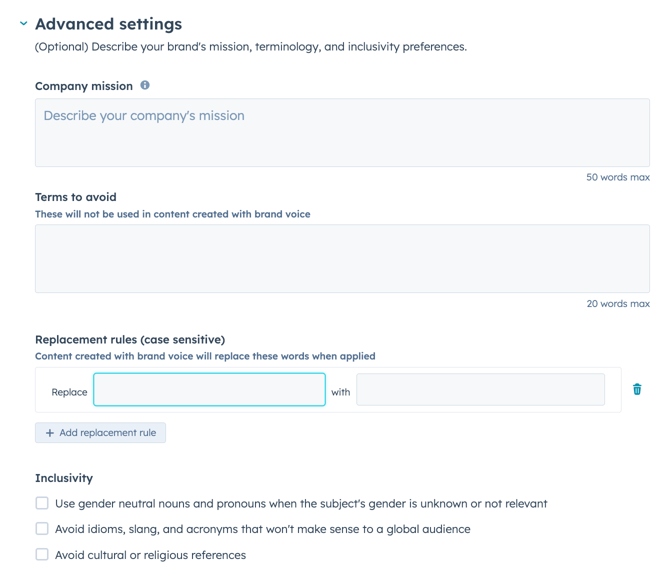  Advanced settings, add company mission, HubSpot’s Brand Voice Editor