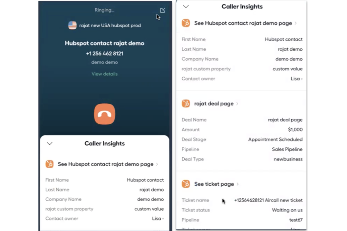 The HubSpot and Aircall Integration’s Caller Insight Cards
