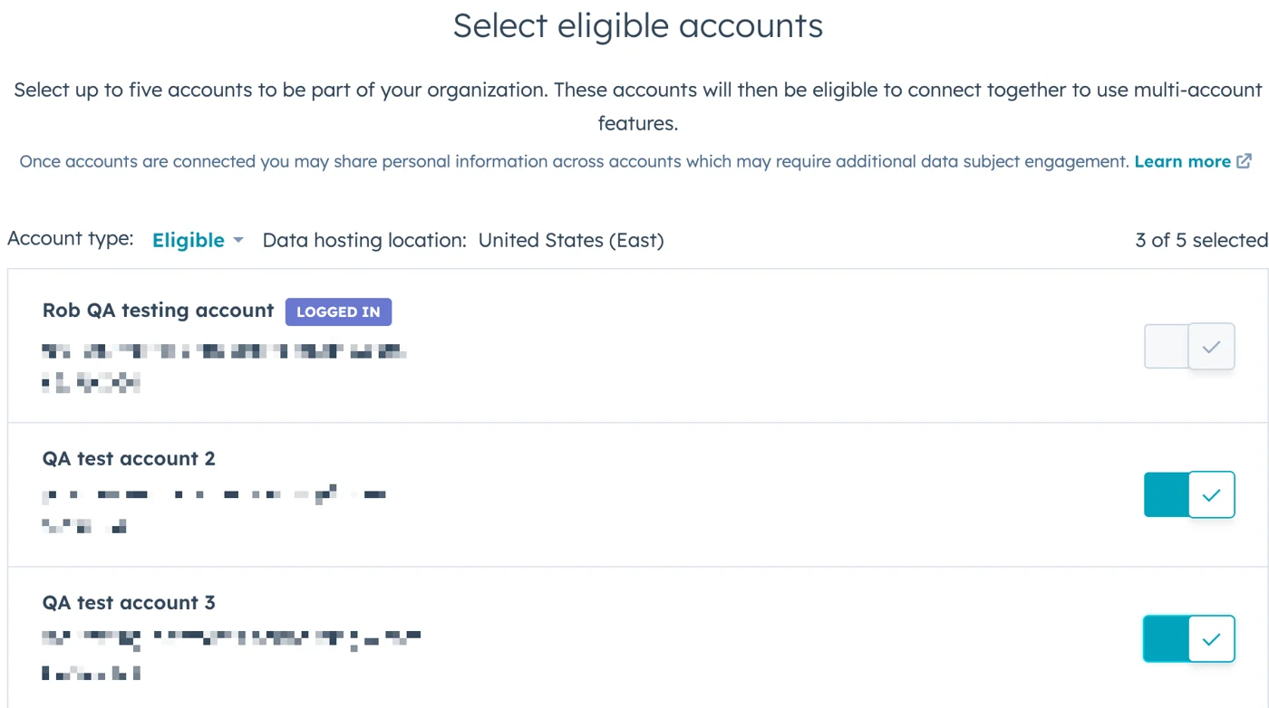 HubSpot, add or remove accounts from multi-account management
