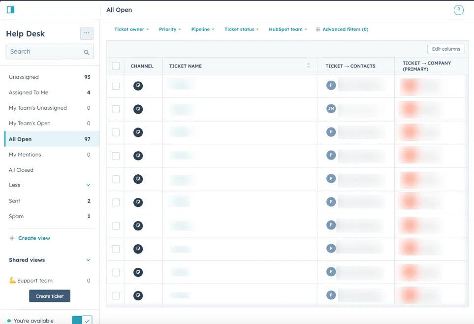 HubSpot Interface, Organizing tickets with custom views