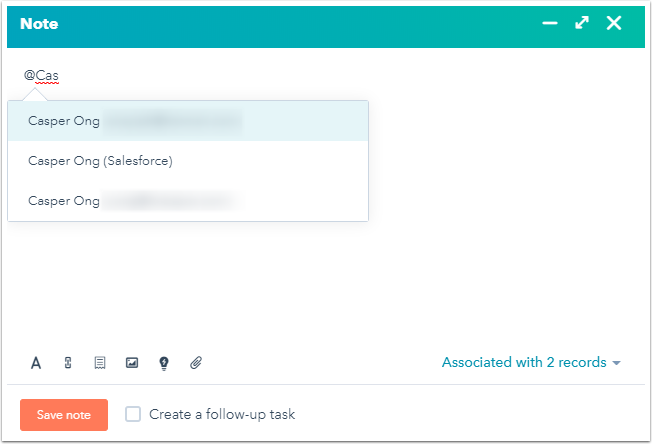 Mention a user on a record in HubSpot, Communicating within a workspace