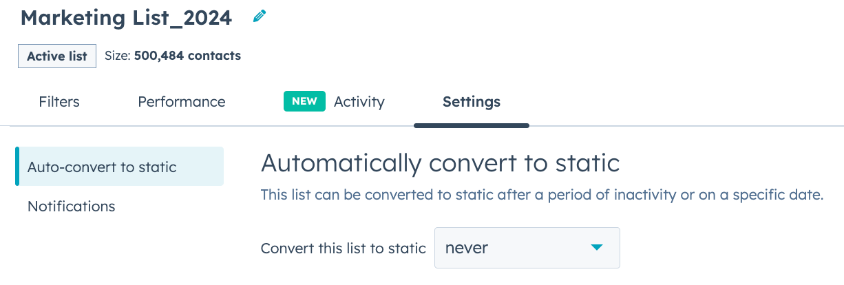 HubSpot CRM, Convert Active to Static Lists