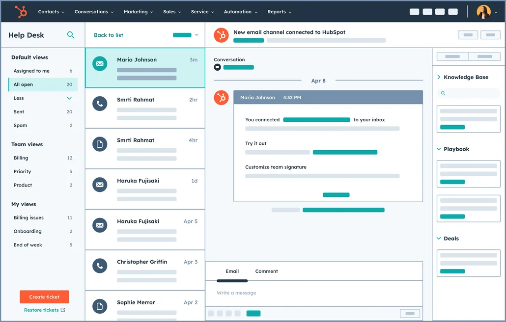 HubSpot’s Help Desk Workspace interface