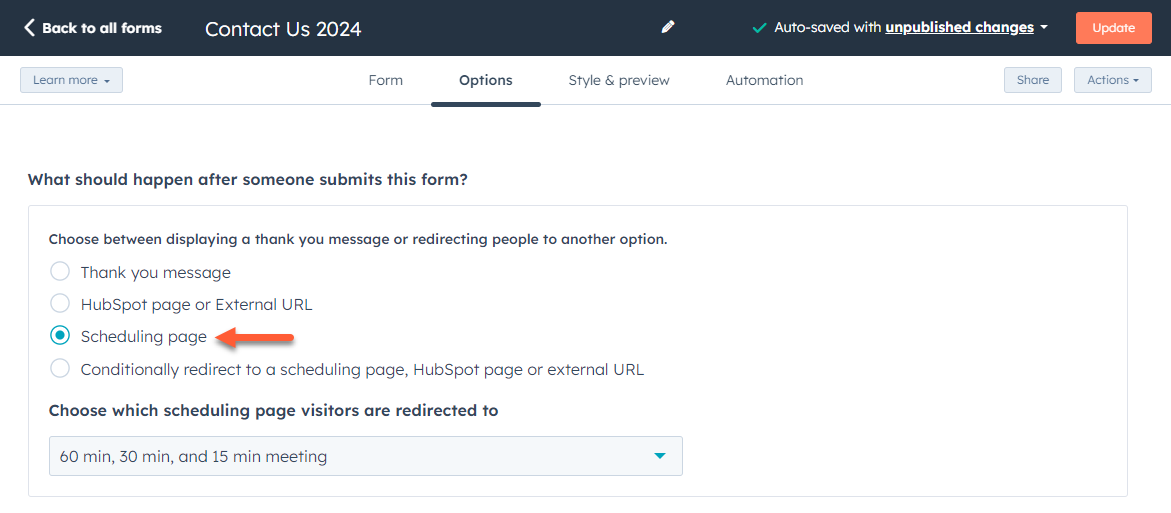 HubSpot CRM, Using form redirects