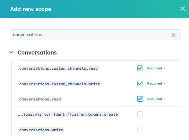 Add a new scope, Creating a public app, HubSpot Custom Channel API Integration