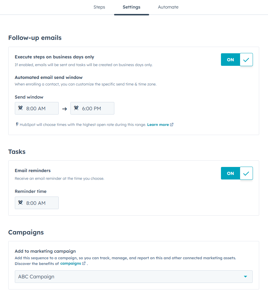 HubSpot, Set the timing between steps