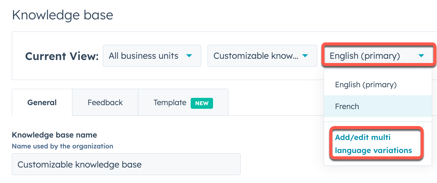 HubSpot Knowledge Base, multiple languages supported