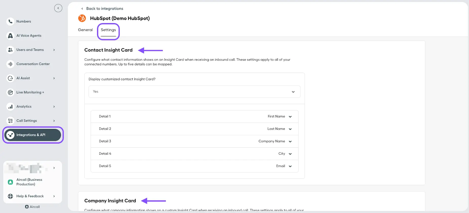 HubSpot Aircall Custom Insight Cards