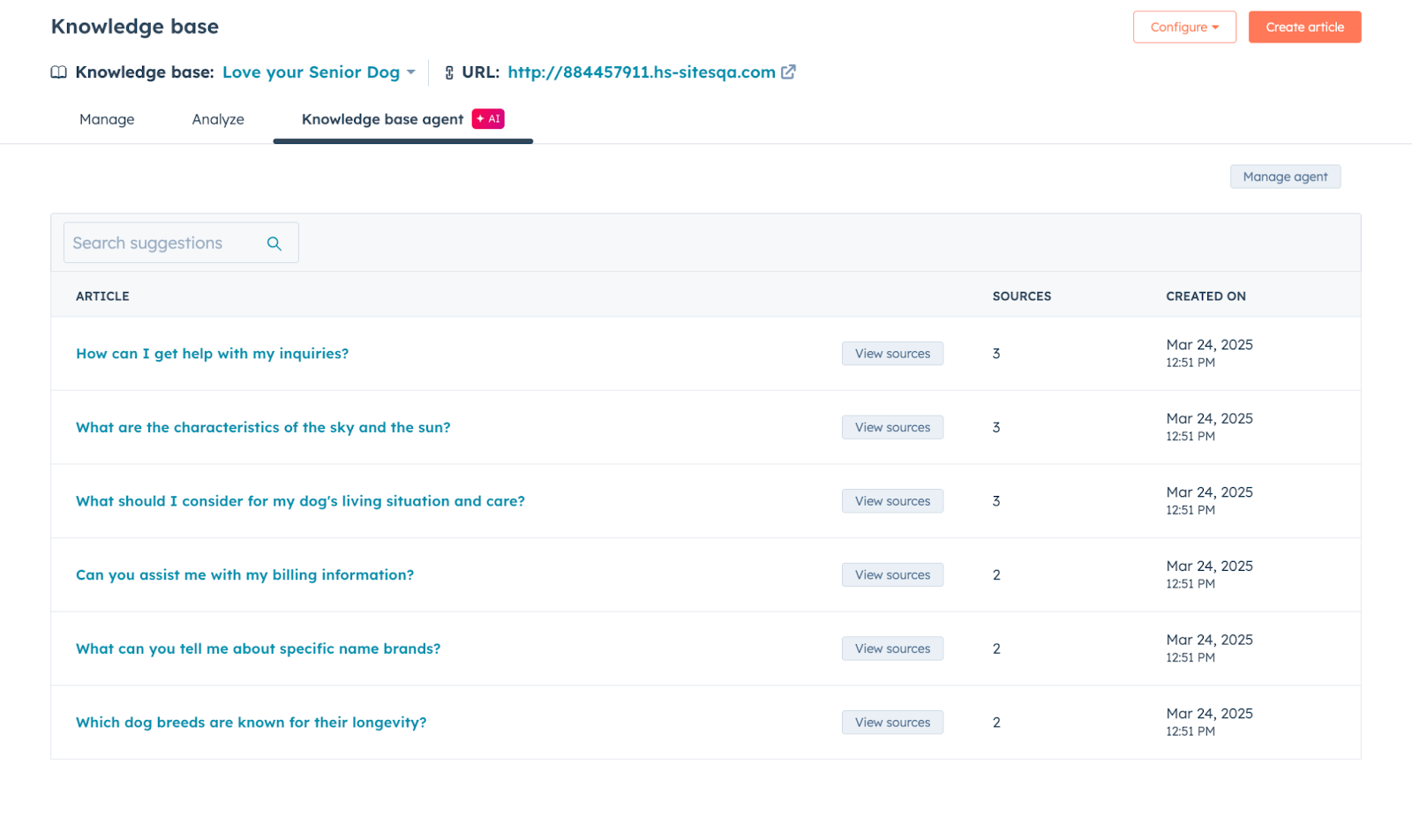 HubSpot Knowledge Base Agent article drafts