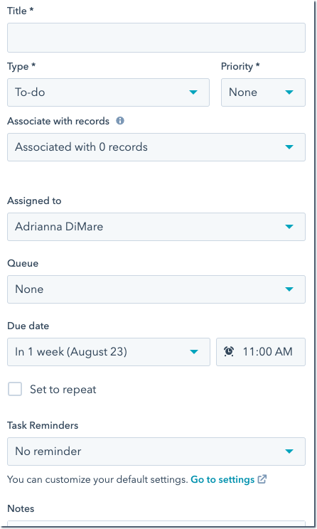 HubSpot, Create a Task and assign task type
