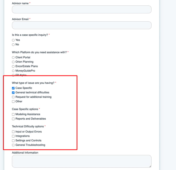 Form with HubSpot logic displaying fields for "Case Specific" and "Technical Difficulty" options, tailored based on issue type.