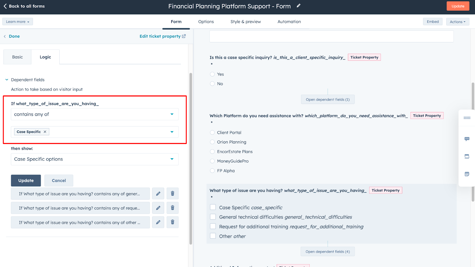 HubSpot form logic settings showing conditional rules for displaying "Case Specific options" based on selected issue type.